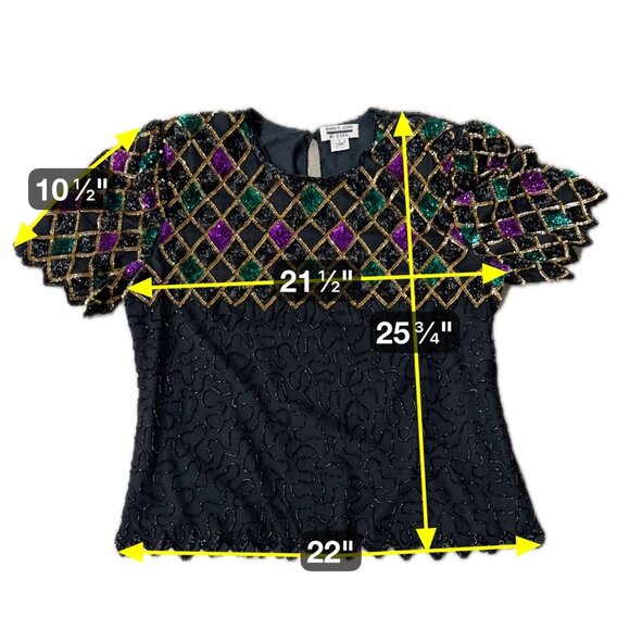 Vintage Sequin Beaded Top Large Black Purple Green Mardi Gras 1990s Shirt Fancy - Picture 10 of 10